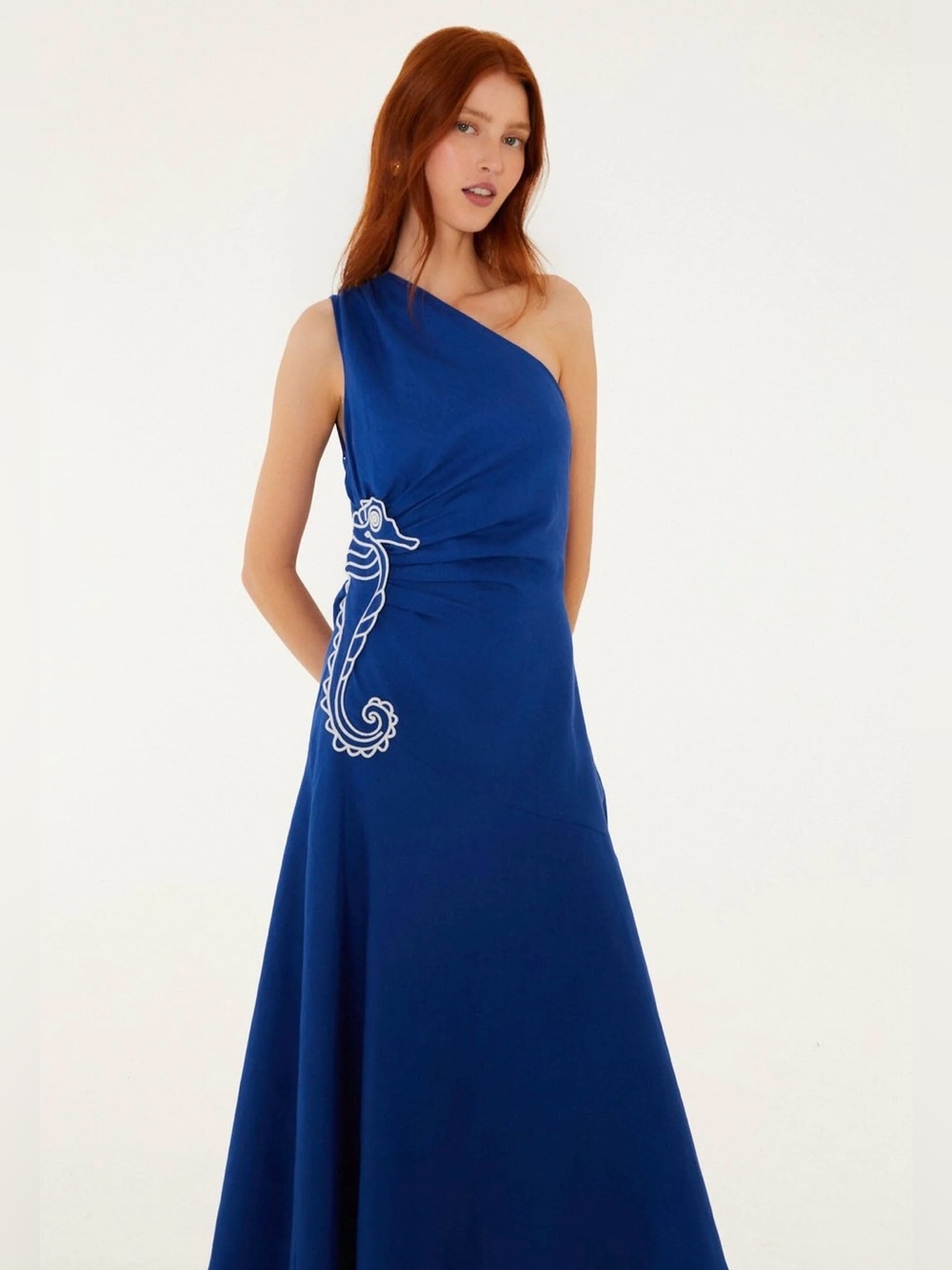 FARM Rio One-Shoulder Cobalt Blue Gown with Seahorse Motif